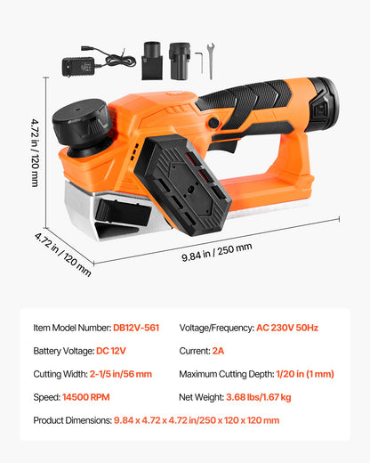 Cordless Handheld Planer, 2-1/5-Inch Cut Width, 14500 RPM Electric Hand Wood Planer with 2 Ah 12V Lithium Battery, Brushless Motor, Adjustable Cut Depth, 2 Blades, for Woodworking Wood Chamfer