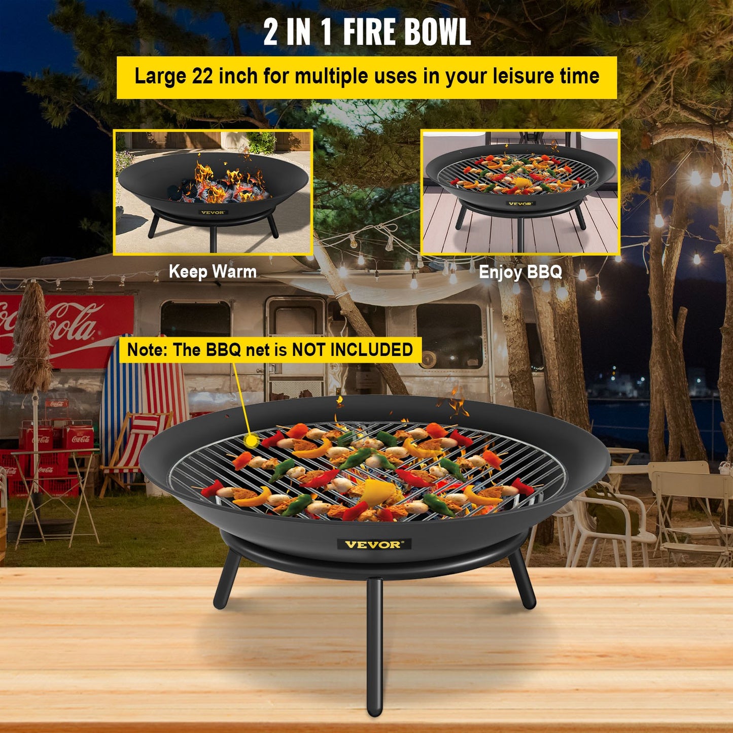 Fire Pit Bowl, 22-inch Deep Round Carbon Steel Fire Bowl, Wood Burning for Patios, Backyards and Camping Use, with a Drain Hole and a Wood Stick, Black