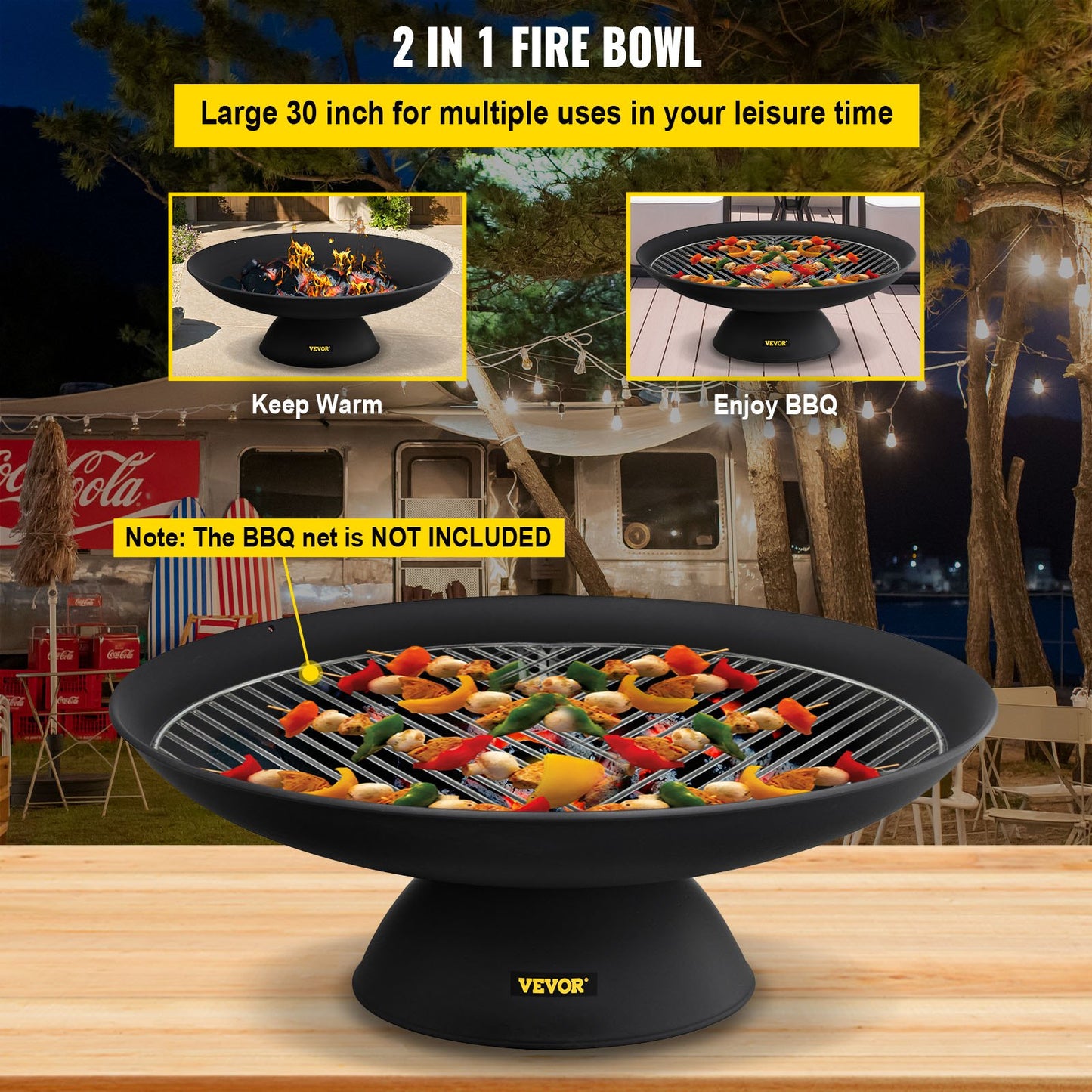 Fire Pit Bowl, 30-inch Deep Round Cast Iron Fire Bowl, Wood Burning for Patios, Backyards and Camping Use, with a Stable Bowl Designed Base and a Wood Stick, Black
