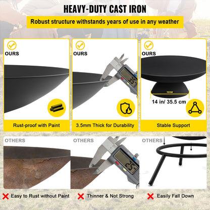 Fire Pit Bowl, 30-inch Deep Round Cast Iron Fire Bowl, Wood Burning for Patios, Backyards and Camping Use, with a Stable Bowl Designed Base and a Wood Stick, Black