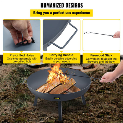 Fire Pit Bowl, 34-Inch Diameter Round Carbon Steel Fire Bowl, Wood Burning for Outdoor Patios, Backyards & Camping Uses, with A Drain Hole, Portable Handles and A Firewood Stick, Black