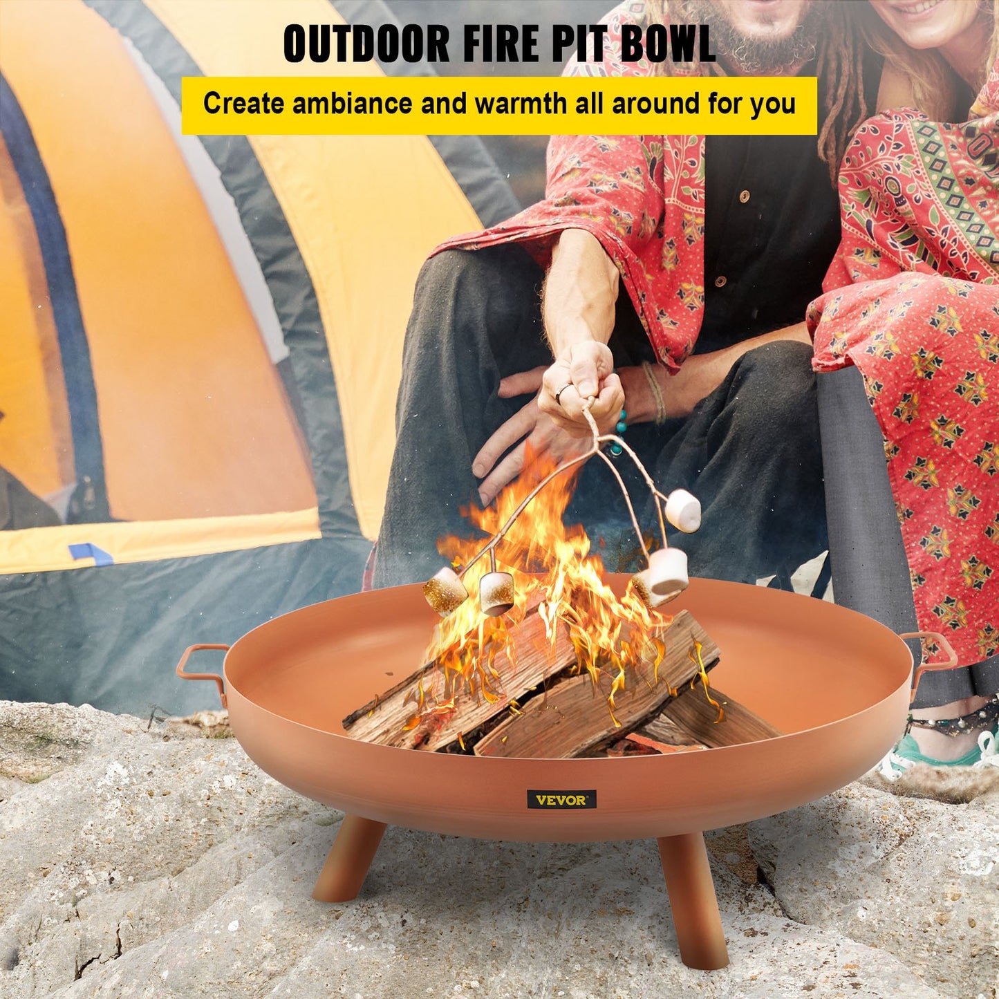 Fire Pit Bowl, 30-inch Deep Round Carbon Steel Fire Bowl, Wood Burning for Patios, Backyards and Camping Use, with a Drain Hole, Portable Handles and a Wood Stick, Brown