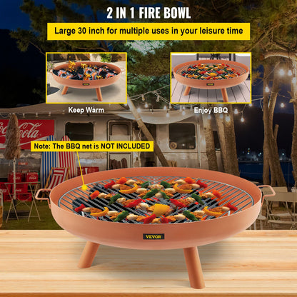 Fire Pit Bowl, 30-inch Deep Round Carbon Steel Fire Bowl, Wood Burning for Patios, Backyards and Camping Use, with a Drain Hole, Portable Handles and a Wood Stick, Brown