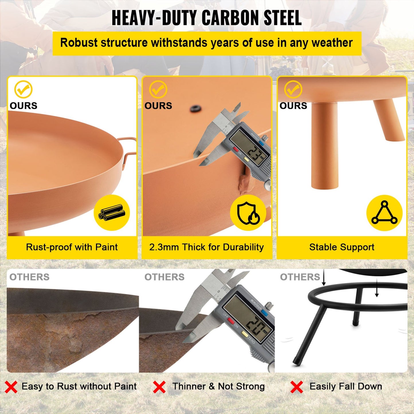 Fire Pit Bowl, 30-inch Deep Round Carbon Steel Fire Bowl, Wood Burning for Patios, Backyards and Camping Use, with a Drain Hole, Portable Handles and a Wood Stick, Brown