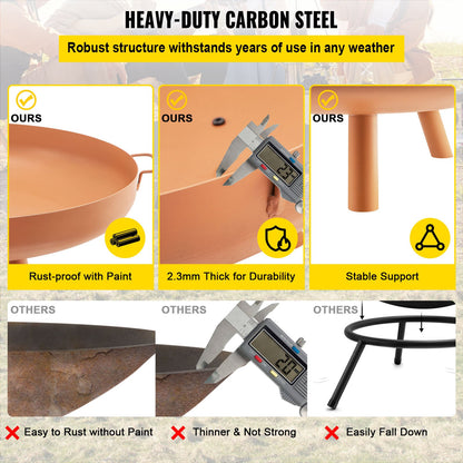 Fire Pit Bowl, 30-inch Deep Round Carbon Steel Fire Bowl, Wood Burning for Patios, Backyards and Camping Use, with a Drain Hole, Portable Handles and a Wood Stick, Brown