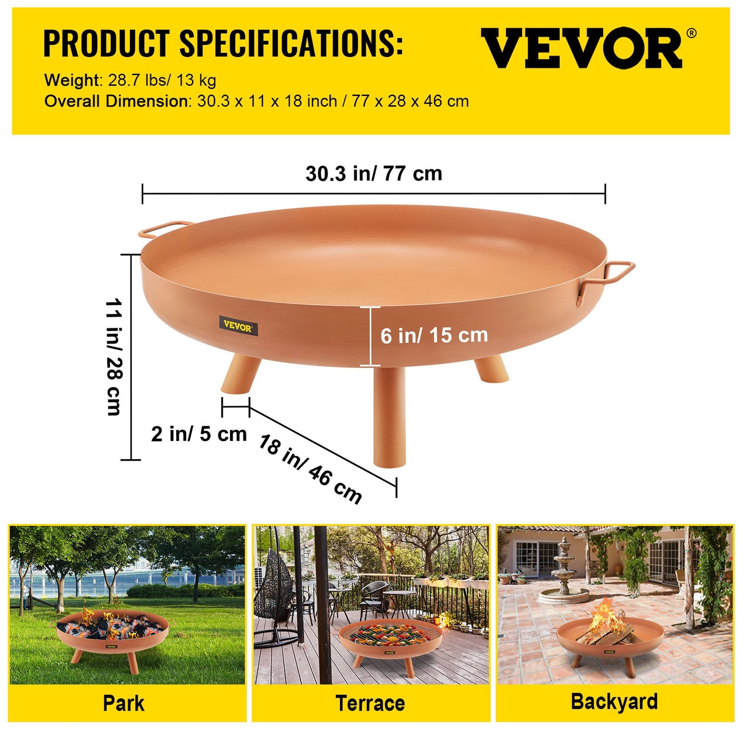 Fire Pit Bowl, 30-inch Deep Round Carbon Steel Fire Bowl, Wood Burning for Patios, Backyards and Camping Use, with a Drain Hole, Portable Handles and a Wood Stick, Brown