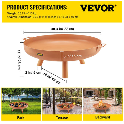 Fire Pit Bowl, 30-inch Deep Round Carbon Steel Fire Bowl, Wood Burning for Patios, Backyards and Camping Use, with a Drain Hole, Portable Handles and a Wood Stick, Brown