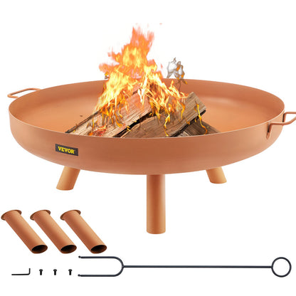 Fire Pit Bowl, 30-inch Deep Round Carbon Steel Fire Bowl, Wood Burning for Patios, Backyards and Camping Use, with a Drain Hole, Portable Handles and a Wood Stick, Brown
