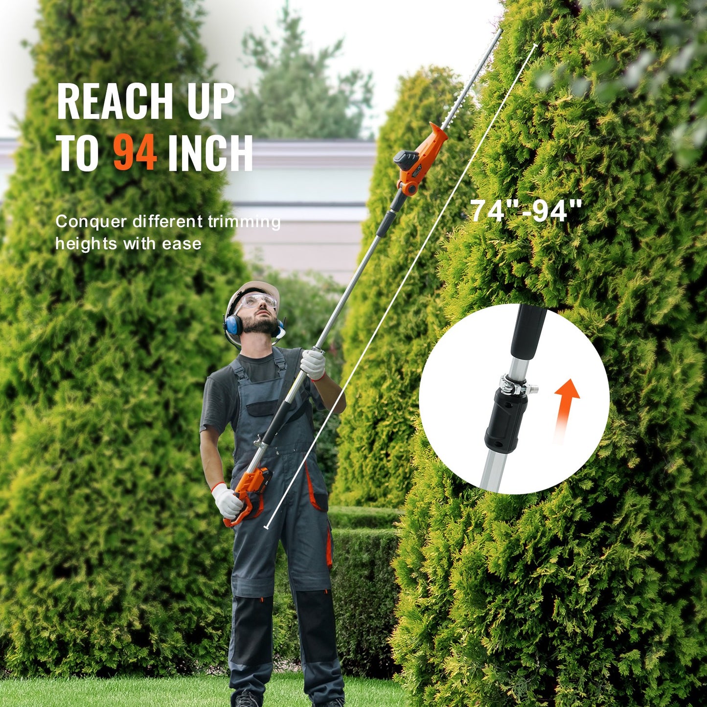 20V Cordless Hedge Trimmer, 18 inch Double-edged Steel Blade, Pole Hedge Trimmer Kit 20V Battery, Fast Charger Included, 74"-94" Telescoping Design for High Branches