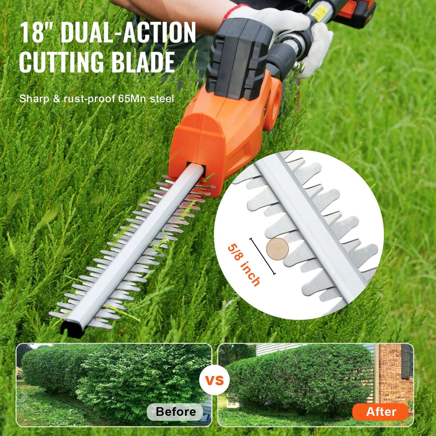 20V Cordless Hedge Trimmer, 18 inch Double-edged Steel Blade, Pole Hedge Trimmer Kit 20V Battery, Fast Charger Included, 74"-94" Telescoping Design for High Branches