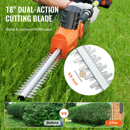 20V Cordless Hedge Trimmer, 18 inch Double-edged Steel Blade, Pole Hedge Trimmer Kit 20V Battery, Fast Charger Included, 74"-94" Telescoping Design for High Branches
