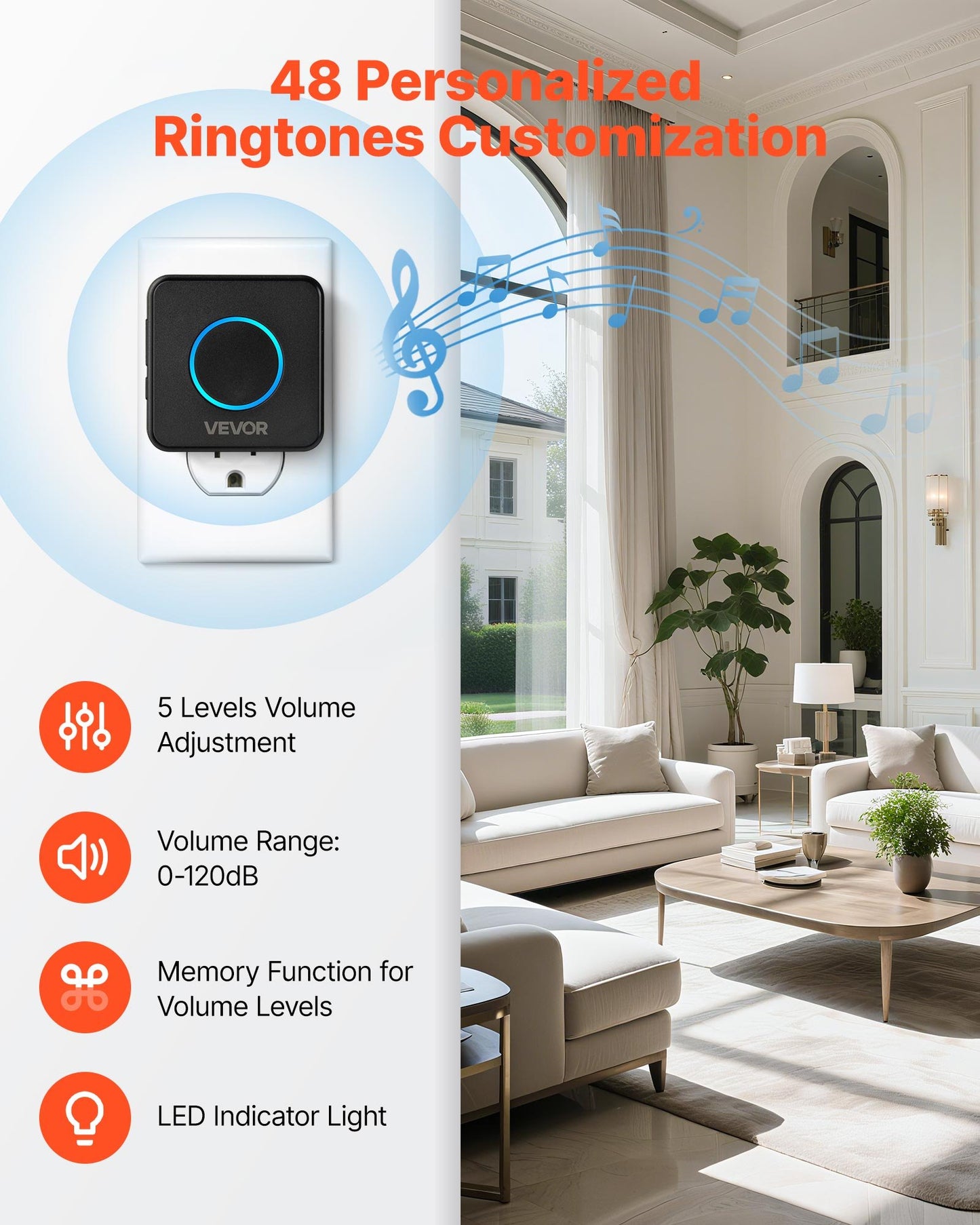 Wireless Doorbell Kit, IP54 Waterproof Door Chime Ranges up to 1000 ft, 5 Adjustable Volumes, 48 Ringtones, Easy Installation, Wireless Doorbell Ideal for Home, Doorway, Classroom, Office, Black