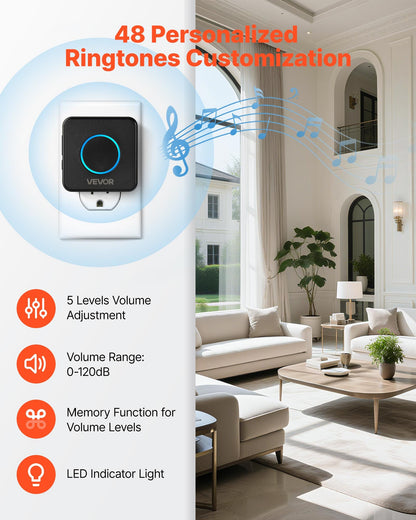 Wireless Doorbell Kit, IP54 Waterproof Door Chime Ranges up to 1000 ft, 5 Adjustable Volumes, 48 Ringtones, Easy Installation, Wireless Doorbell Ideal for Home, Doorway, Classroom, Office, Black