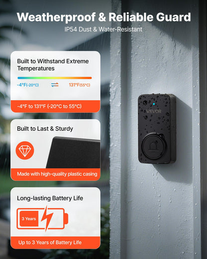 Wireless Doorbell Kit, IP54 Waterproof Door Chime Ranges up to 1000 ft, 5 Adjustable Volumes, 48 Ringtones, Easy Installation, Wireless Doorbell Ideal for Home, Doorway, Classroom, Office, Black
