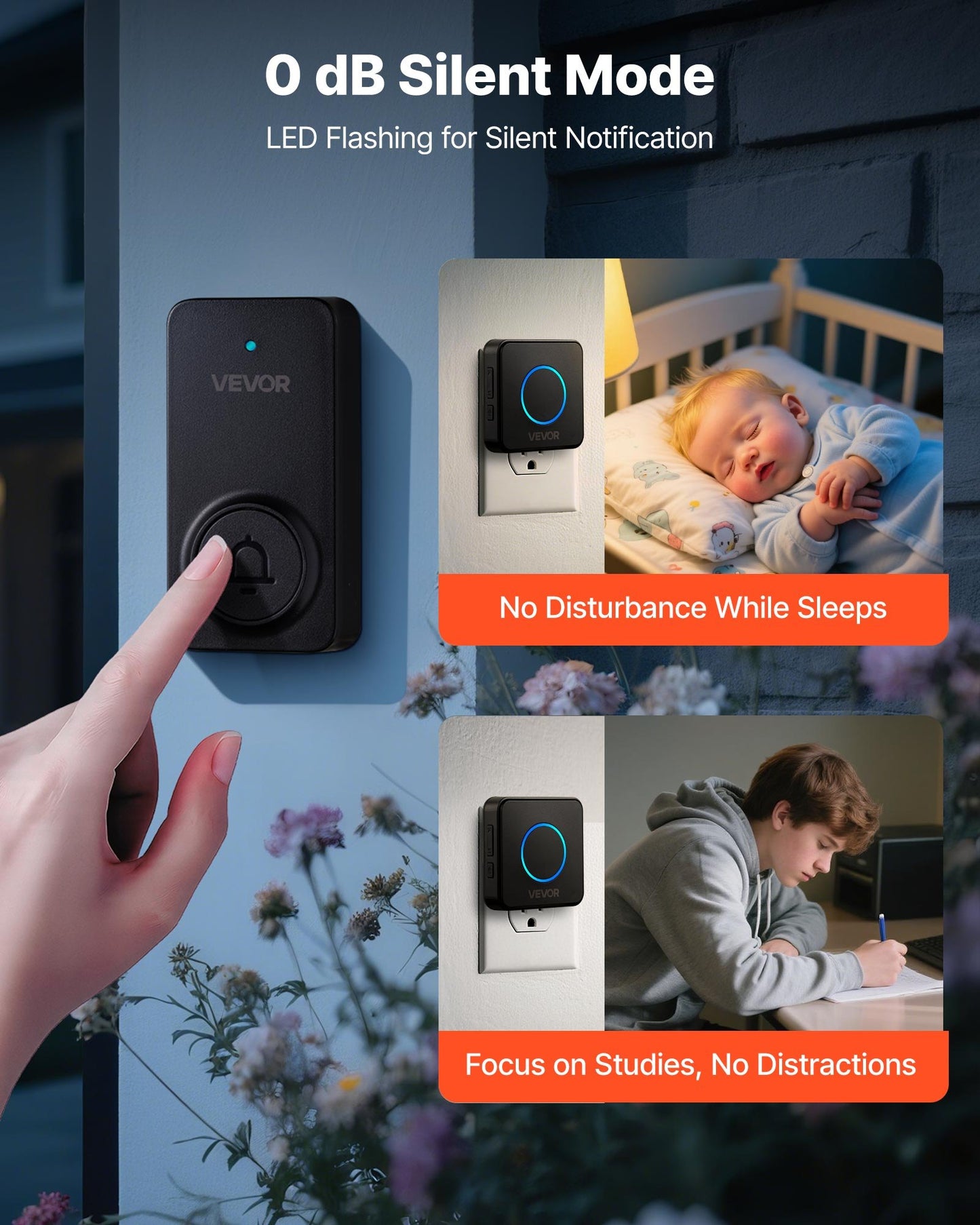 Wireless Doorbell Kit, IP54 Waterproof Door Chime Ranges up to 1000 ft, 5 Adjustable Volumes, 48 Ringtones, Easy Installation, Wireless Doorbell Ideal for Home, Doorway, Classroom, Office, Black