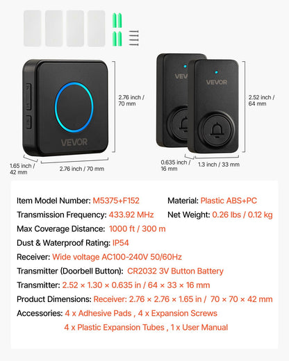 Wireless Doorbell Kit, IP54 Waterproof Door Chime Ranges up to 1000 ft, 5 Adjustable Volumes, 48 Ringtones, Easy Installation, Wireless Doorbell Ideal for Home, Doorway, Classroom, Office, Black
