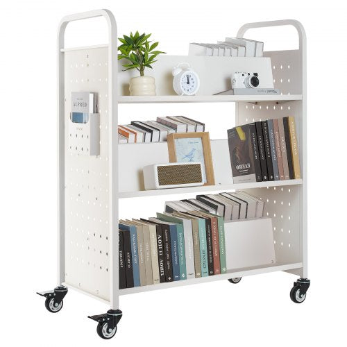 Rolling Library Book Cart, 330 lbs Capacity, 38.2 x 20.3 x 48.2-Inch Library Cart, Double Sided W-Shaped Shelves with 3-Inch Lockable Wheels, Book Truck for Home Shelves Office and School, White