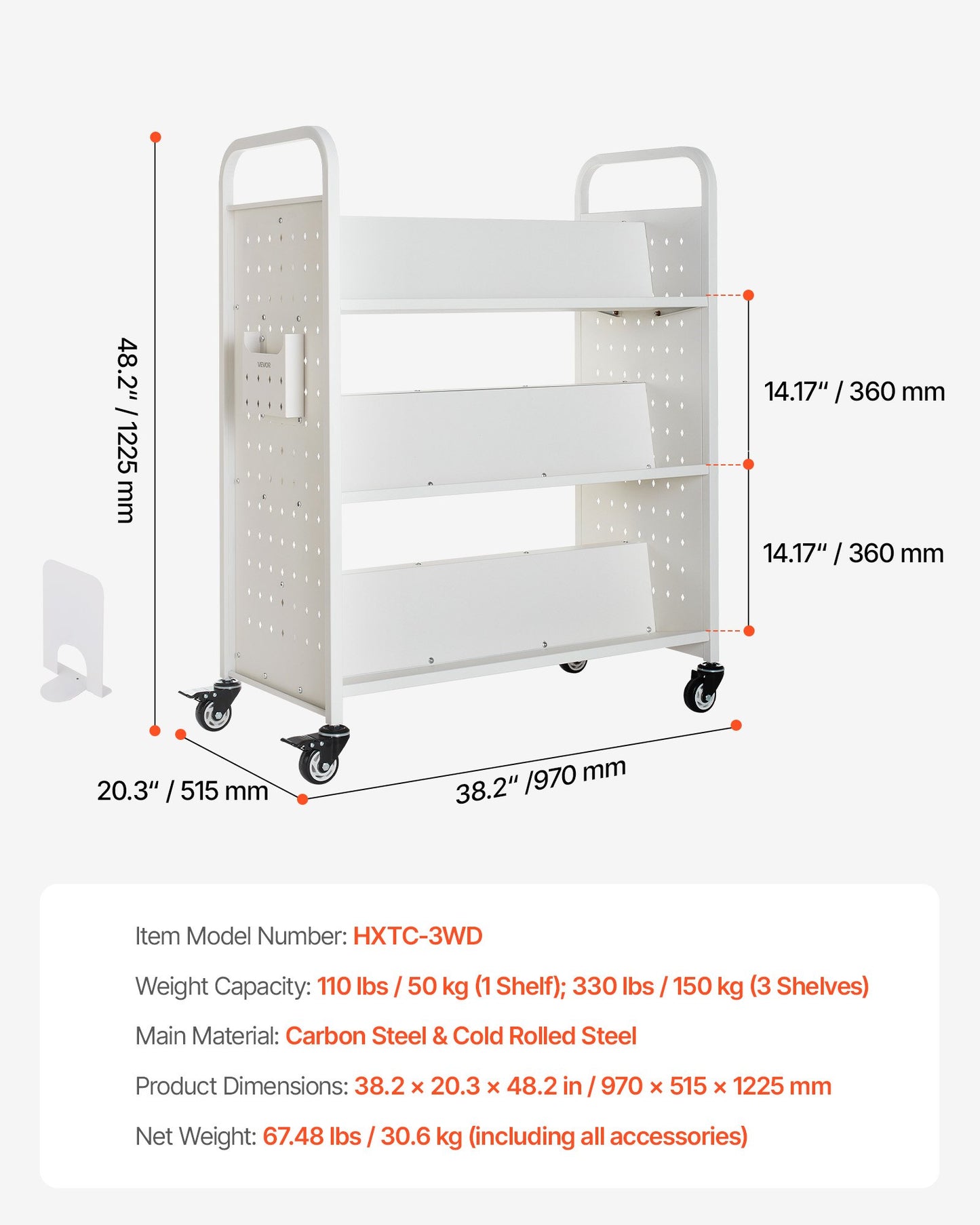 Rolling Library Book Cart, 330 lbs Capacity, 38.2 x 20.3 x 48.2-Inch Library Cart, Double Sided W-Shaped Shelves with 3-Inch Lockable Wheels, Book Truck for Home Shelves Office and School, White