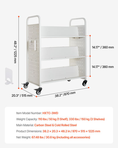 Rolling Library Book Cart, 330 lbs Capacity, 38.2 x 20.3 x 48.2-Inch Library Cart, Double Sided W-Shaped Shelves with 3-Inch Lockable Wheels, Book Truck for Home Shelves Office and School, White