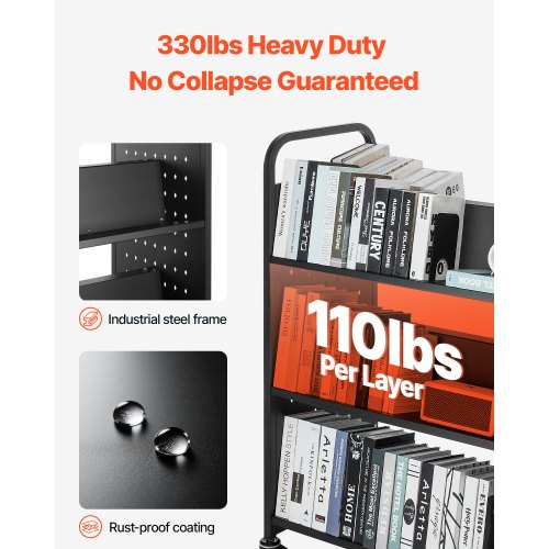 3-vånings rullande bokvagn Dubbelsidig W-formad hylla Bokvagn i svart