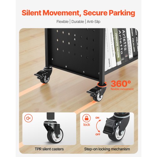 3-vånings rullande bokvagn Dubbelsidig W-formad hylla Bokvagn i svart