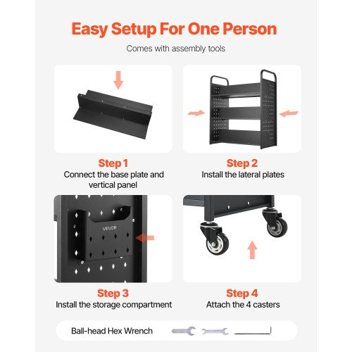 3-vånings rullande bokvagn Dubbelsidig W-formad hylla Bokvagn i svart