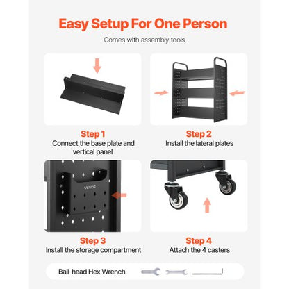 3-vånings rullande bokvagn Dubbelsidig W-formad hylla Bokvagn i svart