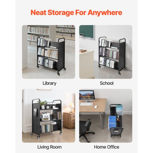 3-vånings rullande bokvagn Dubbelsidig W-formad hylla Bokvagn i svart