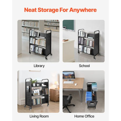 3-vånings rullande bokvagn Dubbelsidig W-formad hylla Bokvagn i svart