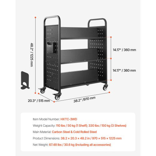 3-vånings rullande bokvagn Dubbelsidig W-formad hylla Bokvagn i svart