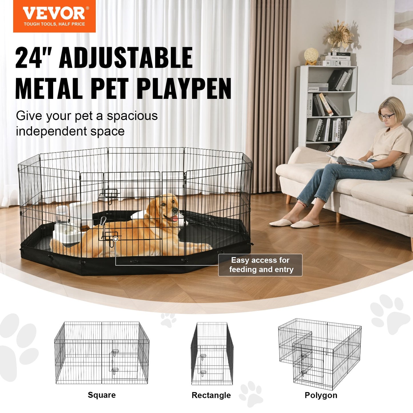 Dog Playpen, 8 Panels Collapsible Metal Dog Training Pen with Bottom Pad, 24" H Pet Fence Puppy Crate Kennel with Ground Stakes, Indoor Outdoor Dog Pen for Small Medium Pets, for Camping, Garden