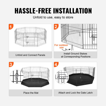 Dog Playpen, 8 Panels Collapsible Metal Dog Training Pen with Bottom Pad, 24" H Pet Fence Puppy Crate Kennel with Ground Stakes, Indoor Outdoor Dog Pen for Small Medium Pets, for Camping, Garden