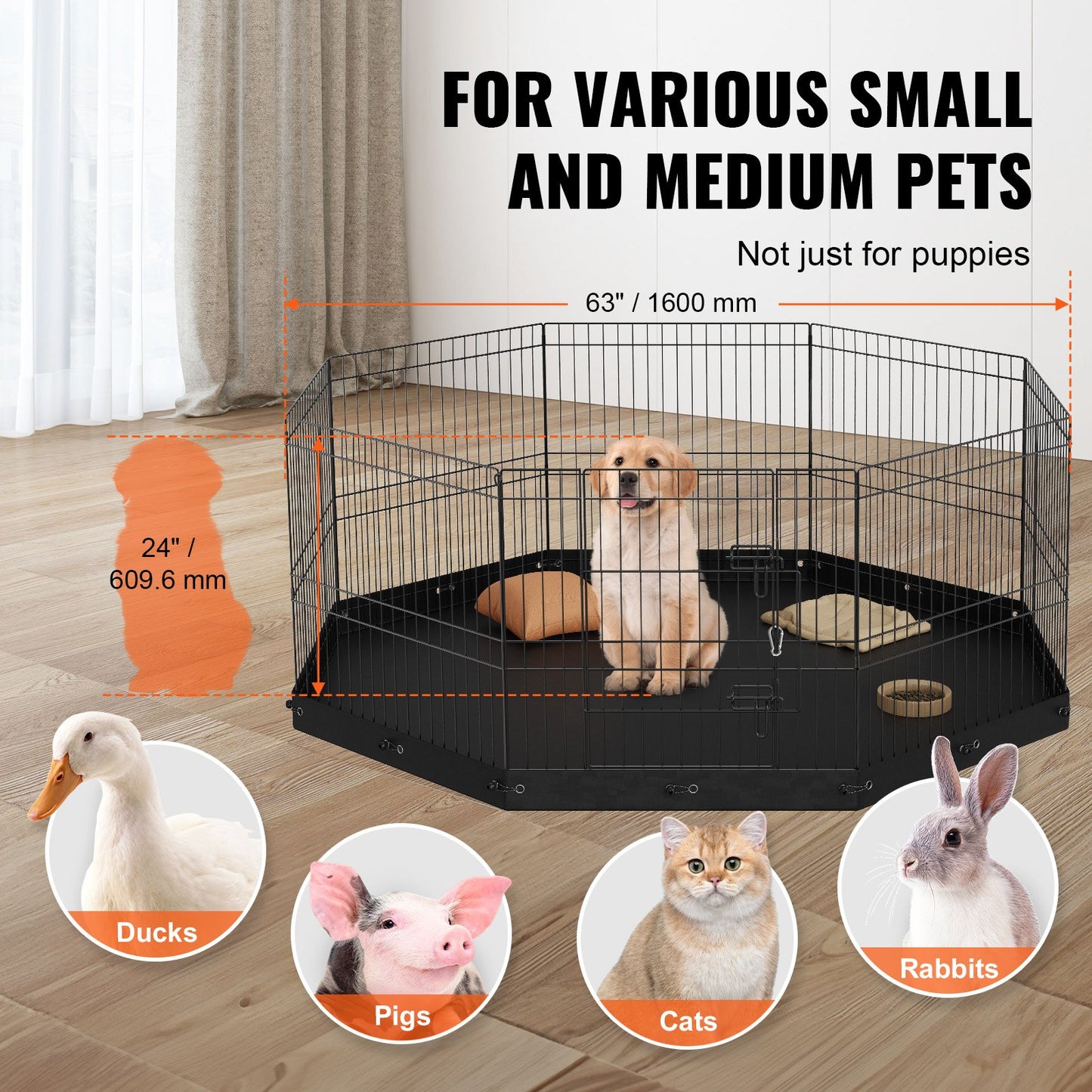 Dog Playpen, 8 Panels Collapsible Metal Dog Training Pen with Bottom Pad, 24" H Pet Fence Puppy Crate Kennel with Ground Stakes, Indoor Outdoor Dog Pen for Small Medium Pets, for Camping, Garden