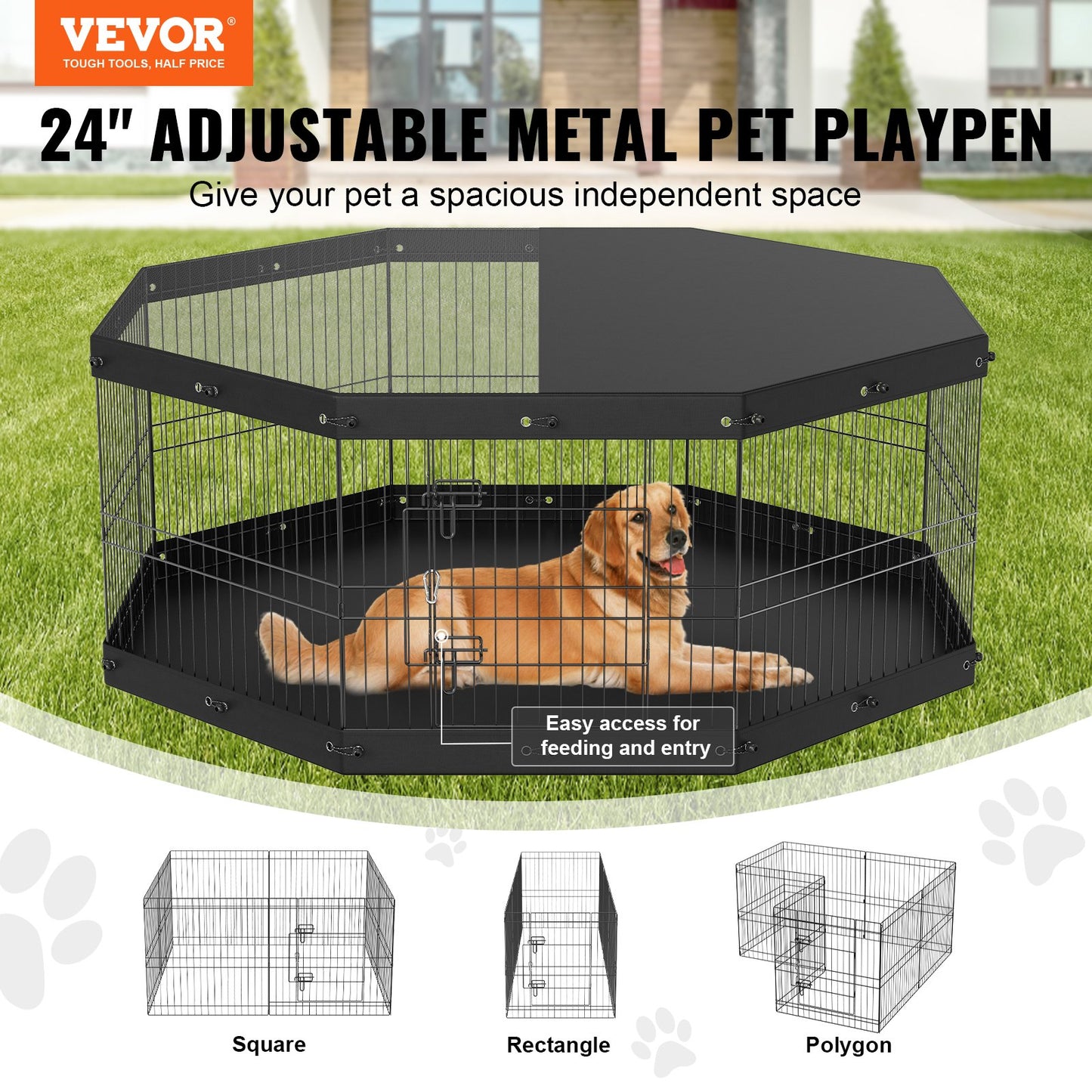 Dog Playpen, 8 Panels, Foldable Metal Dog Training Pen with Top Lid and Bottom Pad, 24" H Pet Fence Puppy Crate Kennel, Indoor Outdoor Dog Pen for Small Medium Pets, for Camping, Farm