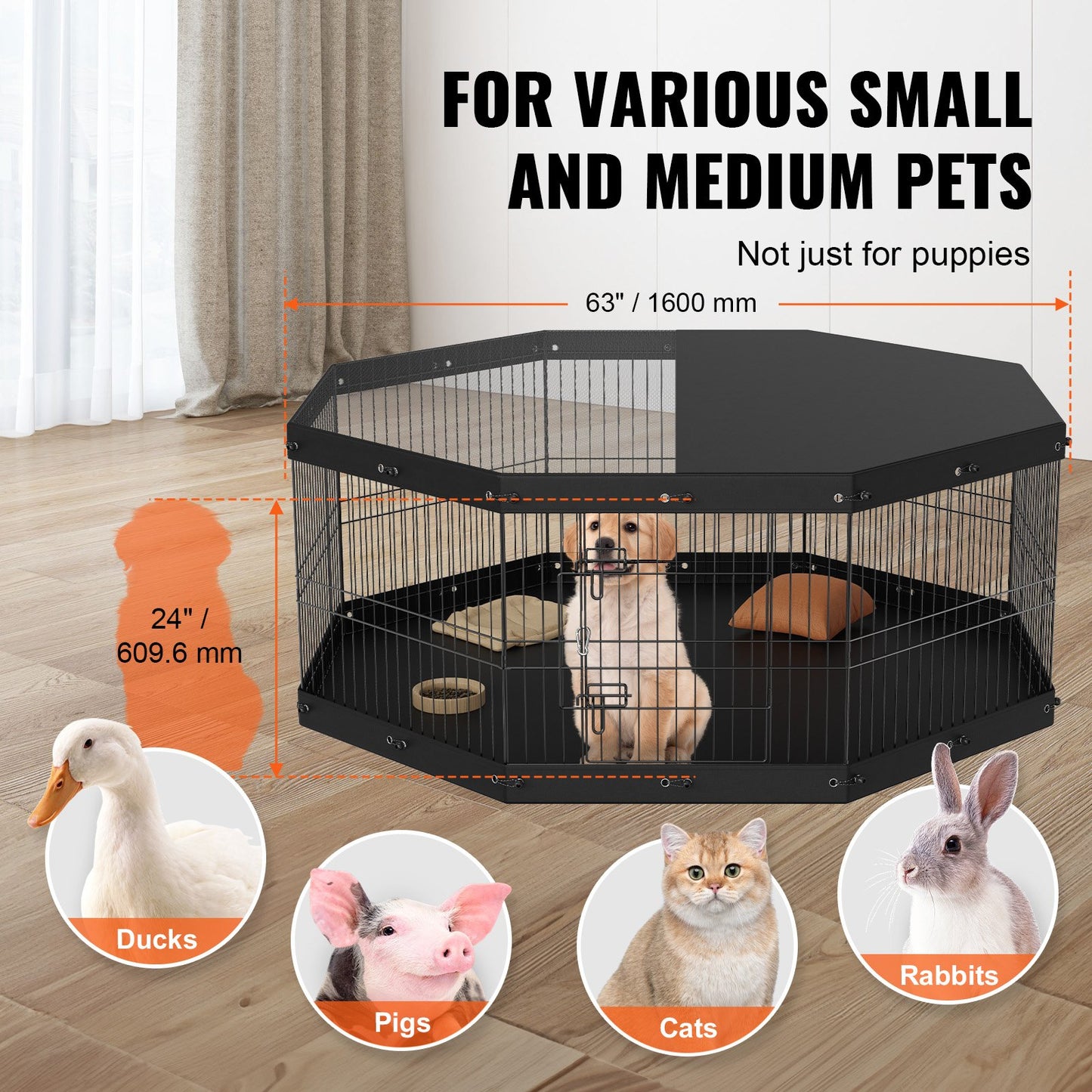 Dog Playpen, 8 Panels, Foldable Metal Dog Training Pen with Top Lid and Bottom Pad, 24" H Pet Fence Puppy Crate Kennel, Indoor Outdoor Dog Pen for Small Medium Pets, for Camping, Farm