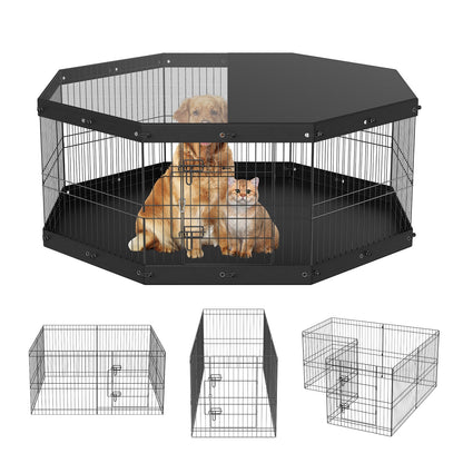 Dog Playpen, 8 Panels, Foldable Metal Dog Training Pen with Top Lid and Bottom Pad, 24" H Pet Fence Puppy Crate Kennel, Indoor Outdoor Dog Pen for Small Medium Pets, for Camping, Farm