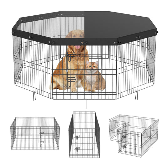 Dog Playpen, 8 Panels Collapsible Metal Dog Training Pen with Top Lid, 24" H Pet Fence Puppy Crate Kennel with Ground Stakes, Indoor Outdoor Dog Pen for Small Medium Pets, for Camping, Garden