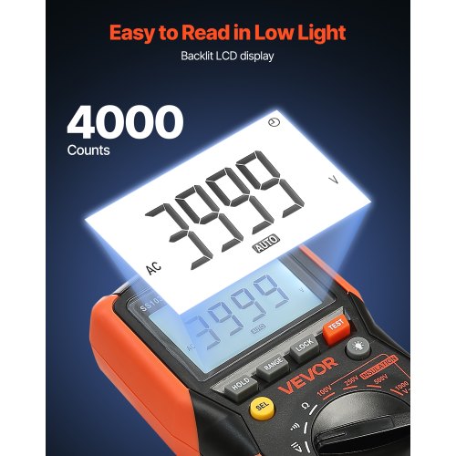 digital multimeter, 4000-siffrors TRMS voltmeter ohmmeter, 1000V AC/DC spänningstestare med omkopplingsbart automatiskt/manuellt område för spänning, resistans och kontinuitetsmätning |  EU