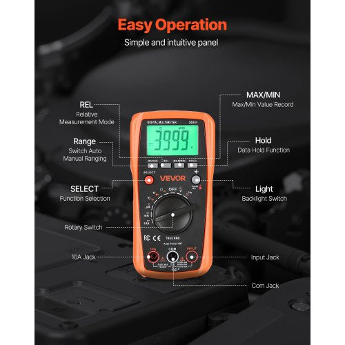 digital multimeter, 4000-siffrors TRMS DC/AC voltmeter strömtester, multimeter med automatiskt område för ström, spänning, resistans, kapacitans, temperatur, dioder, kontinuitet, arbetscykelmätningar |  EU