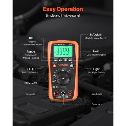 digital multimeter, 4000-siffrors TRMS DC/AC voltmeter strömtester, multimeter med automatiskt område för ström, spänning, resistans, kapacitans, temperatur, dioder, kontinuitet, arbetscykelmätningar |  EU