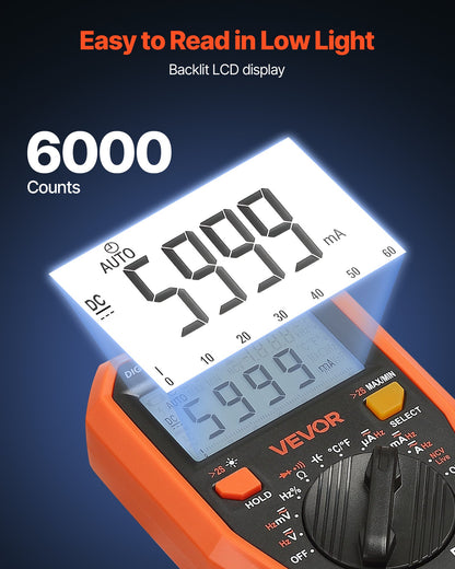 Digital Multimeter, 6000-Count TRMS DC/AC Voltmeter Current Tester, Professional NCV Multimeter for Current Voltage Resistance Capacitance Duty-Cycle Tempetature Diodes Continuity Live Wire Test