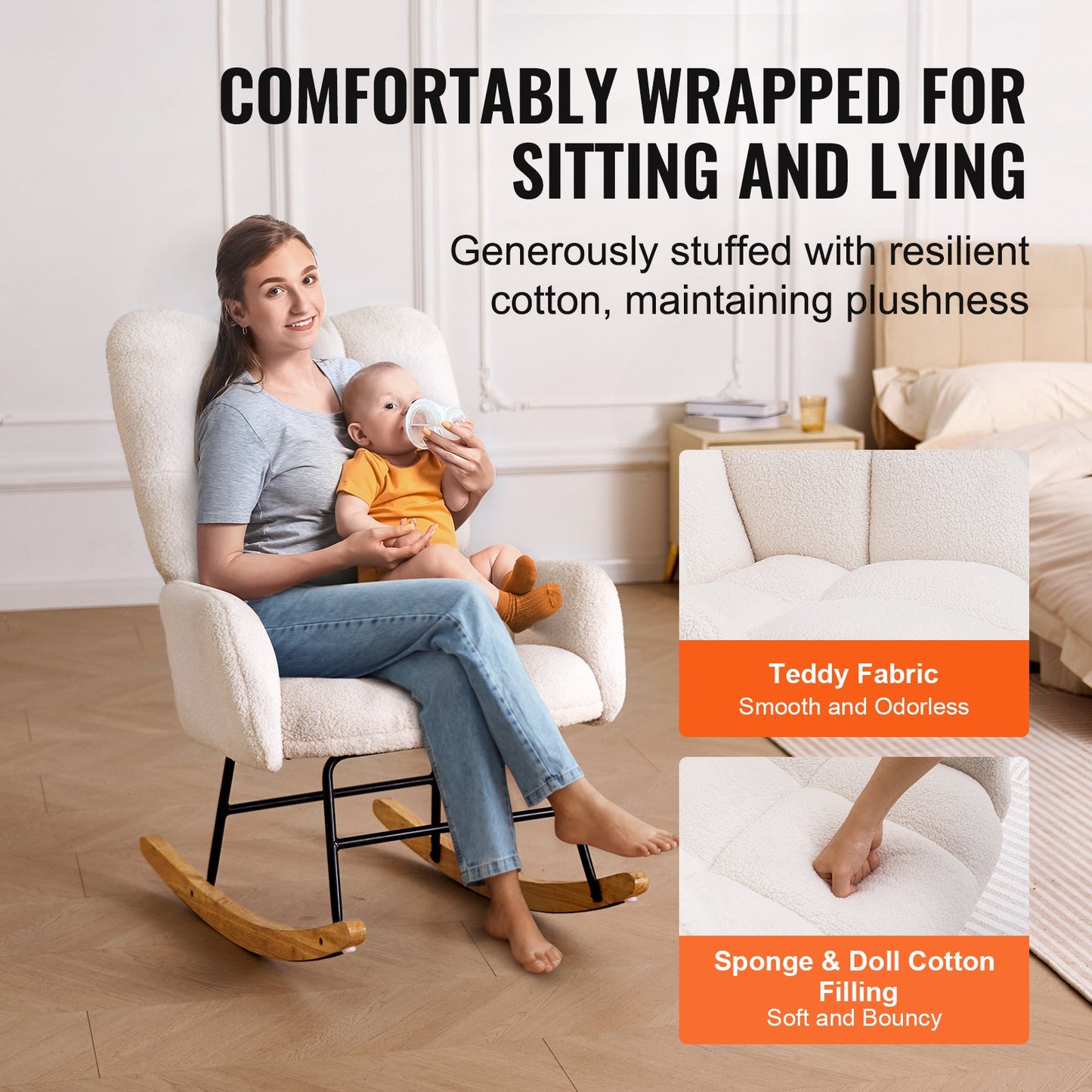 Rocking Chair Nursery, Glider Rocking Chair with Soft Seat and High Backrest, 250 lbs Weight Capacity Teddy Fabric, Upholstered Glider Rocker Chair for Nursery, Bedroom, Living Room, Ivory White