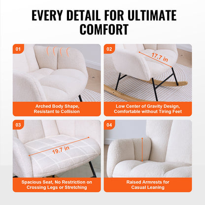 Schaukelstuhl für Kinderzimmer, Tragkraft 113 kg, gepolsterter Schaukelstuhl aus Teddystoff mit weicher Sitzfläche und hoher Rückenlehne, Stillstuhl für Kinderzimmer, Schlafzimmer, Wohnzimmer, Elfenbeinweiß