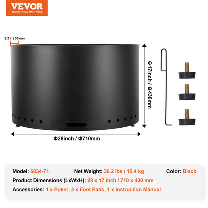 Smokeless Fire Pit Stove Bonfire, H: 18 in x Dia: 28 in ,Wood Burning Fireplaces with Removable Ash Pan, SUS430 Stainless Steel inner Portable Outdoor Firepit,for Outdoor Patio Camping, Black