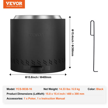 Smokeless Fire Pit Stove Bonfire 15,8 i Dia Vedeldad rostfritt stål