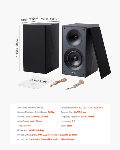 Passive Bookshelf Speaker, 300W, Book Shelf Stereo Speakers with 5.25-Inch Woofer and 1-Inch Tweeter, Detachable Grille, 65Hz-20KHz Frequency Response, Wooden Enclosure, for Home Theater (1 Pair)