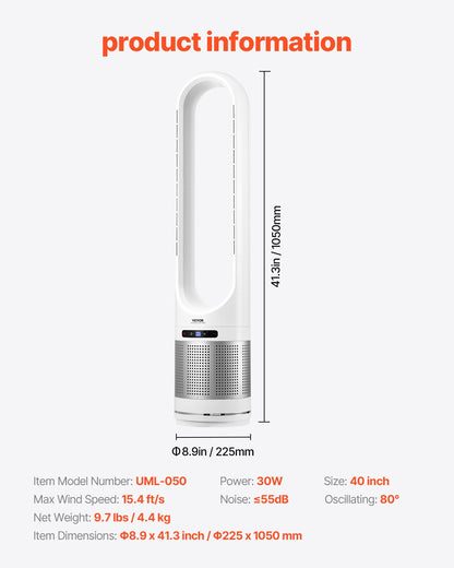 Tower Fan Bladeless, 15.4ft/s Velocity Floor Fan that Blows Cold Air, 80° Oscillating 8-Speed Fans, 8H Timer, Standing Fans with H13 HEPA Filtration, Remote Control & Air Purification Mode