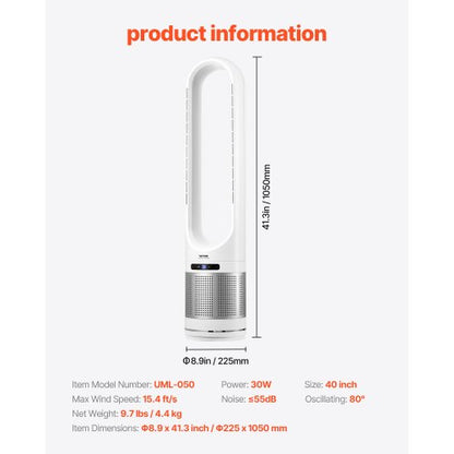 40" Oscillating Tower Fan 8 Hours Timer 15.4ft/s Speed with Remote Control | EU