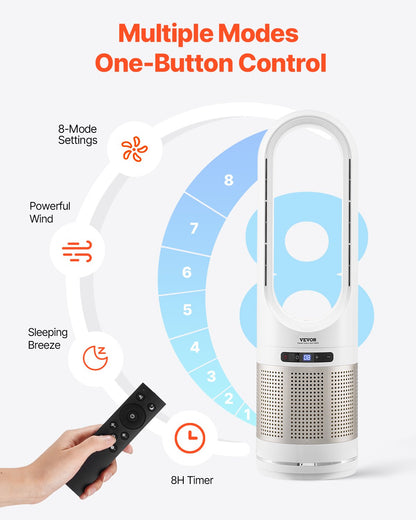 Tower Fan Bladeless, 16.4ft/s Velocity Floor Fan that Blows Cold Air, 80° Oscillating 8-Speed Fans, 8H Timer, Standing Fans with H13 HEPA Filtration, Remote Control & Air Purification Mode