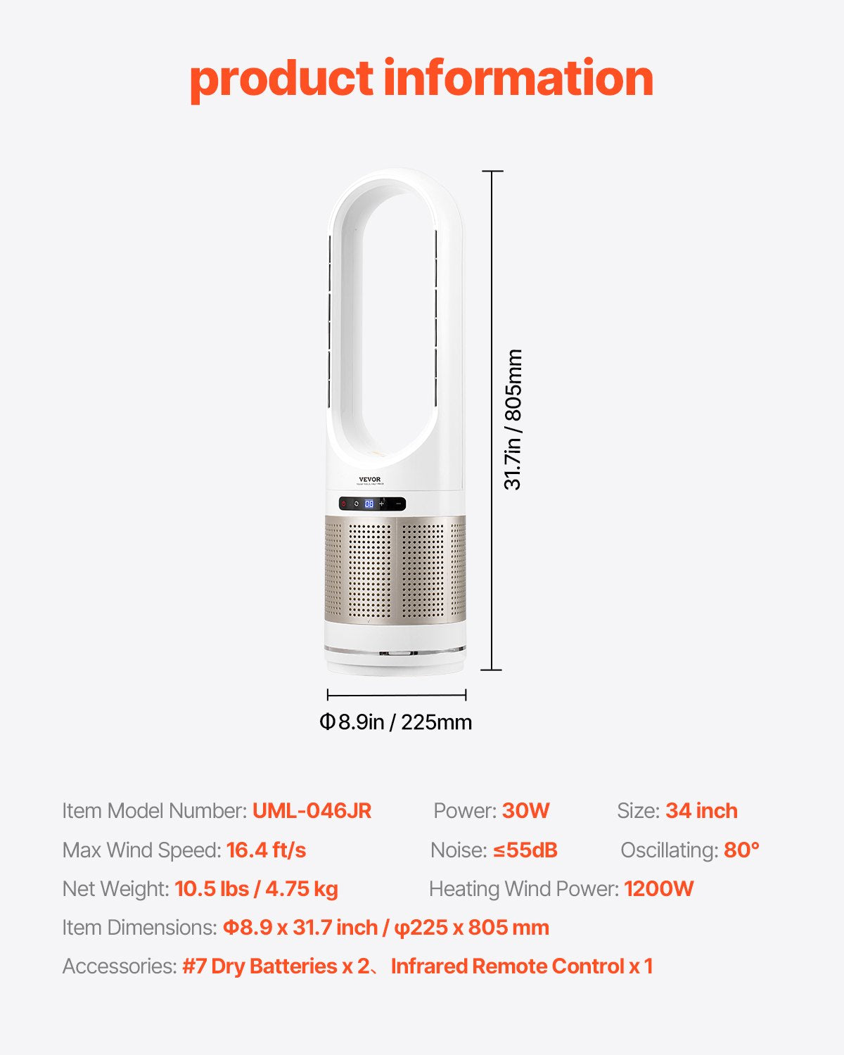 Tower Fan Bladeless, 16.4ft/s Velocity Floor Fan that Blows Cold Air, 80° Oscillating 8-Speed Fans, 8H Timer, Standing Fans with H13 HEPA Filtration, Remote Control & Air Purification Mode